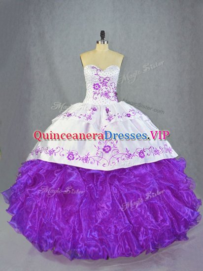 Sweetheart Sleeveless Quince Ball Gowns Brush Train Beading and Ruffles Purple Organza - Click Image to Close