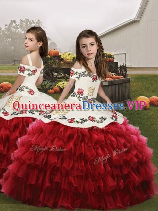Floor Length Red Pageant Gowns For Girls Organza Sleeveless Embroidery and Ruffled Layers