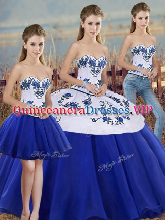 Sleeveless Tulle Floor Length Lace Up Sweet 16 Quinceanera Dress in Royal Blue with Embroidery and Bowknot