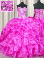 Organza Sweetheart Sleeveless Lace Up Beading and Ruffles Quinceanera Dress in Fuchsia