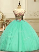 Scoop Sleeveless Ball Gown Prom Dress Floor Length Appliques Apple Green Organza