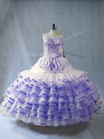 Lavender Sleeveless Floor Length Embroidery and Ruffled Layers Lace Up 15th Birthday Dress