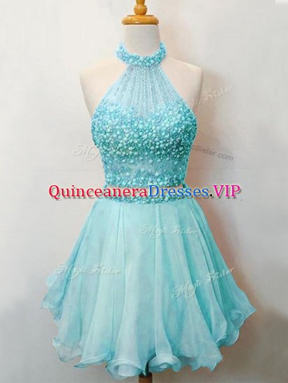 Exceptional Aqua Blue Lace Up Halter Top Beading Dama Dress Organza Sleeveless - Click Image to Close