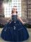 Navy Blue Tulle Lace Up Straps Sleeveless Floor Length Kids Formal Wear Appliques