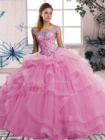 Off The Shoulder Sleeveless Lace Up 15th Birthday Dress Rose Pink Tulle