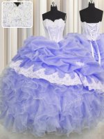 Nice Lavender Lace Up Quinceanera Gowns Beading and Appliques and Ruffles and Pick Ups Sleeveless Floor Length