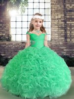 Apple Green Fabric With Rolling Flowers Lace Up Pageant Dress for Teens Sleeveless Floor Length Beading
