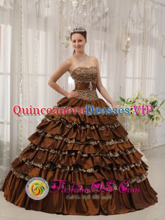 Saint BonaventureNY Modest Brown Quinceanera Dress In Georgia Sweetheart Taffeta and Leopard or zebra Ruffles Ball Gown
