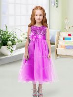 Lilac Pageant Gowns For Girls Wedding Party with Sequins and Hand Made Flower Scoop Sleeveless Zipper