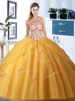 Pretty Halter Top Sleeveless Tulle Ball Gown Prom Dress Embroidery and Pick Ups Lace Up