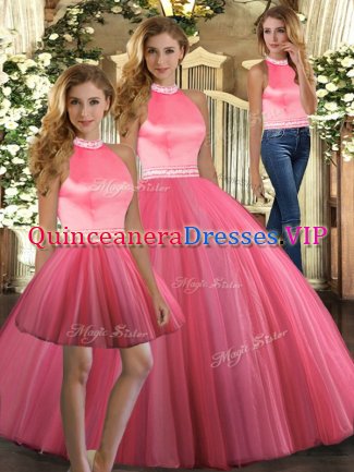 Coral Red Sleeveless Beading Floor Length Sweet 16 Dresses