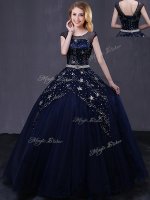 Elegant Navy Blue Ball Gowns Tulle Scoop Cap Sleeves Beading and Belt Floor Length Lace Up Quinceanera Dress