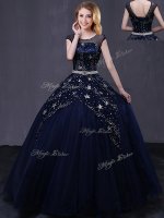 Elegant Navy Blue Ball Gowns Tulle Scoop Cap Sleeves Beading and Belt Floor Length Lace Up Quinceanera Dress(SKU YCQD0119-1BIZ)