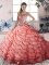 Top Selling Organza Sweetheart Sleeveless Brush Train Lace Up Beading and Ruffled Layers Quinceanera Gowns in Watermelon Red