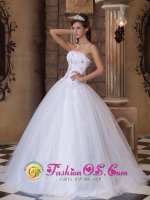 Embroidery Romantic Frankfort Michigan/MI Strapless Quinceanera Dress White Satin and Tulle Ball Gown(SKU QDZY171-HBIZ)