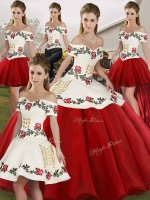 Shining White And Red Sleeveless Organza Lace Up Sweet 16 Dress for Military Ball and Sweet 16 and Quinceanera