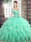 Apple Green Off The Shoulder Lace Up Beading and Ruffles Sweet 16 Dresses Brush Train Sleeveless