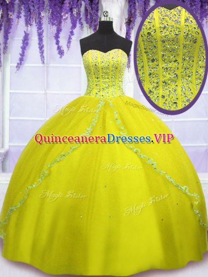 Yellow Green Sleeveless Tulle Lace Up Quinceanera Gown for Military Ball and Sweet 16 and Quinceanera - Click Image to Close