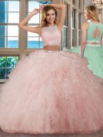 Scoop Pink Tulle Backless 15 Quinceanera Dress Sleeveless Floor Length Beading and Ruffles