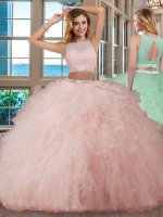 Scoop Pink Tulle Backless 15 Quinceanera Dress Sleeveless Floor Length Beading and Ruffles(SKU SXQD087BIZ)