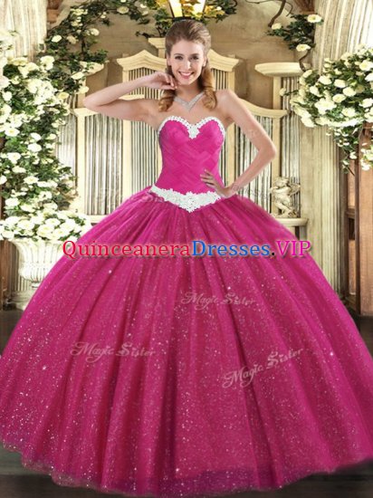 Delicate Hot Pink Ball Gowns Sweetheart Sleeveless Tulle Floor Length Lace Up Appliques Quinceanera Dress - Click Image to Close