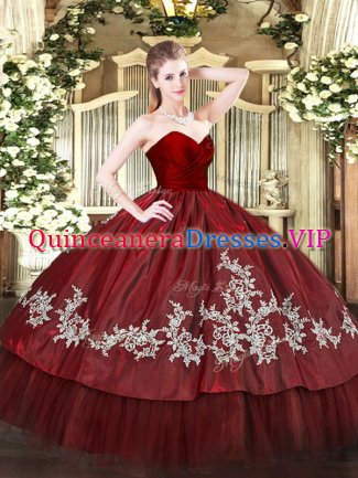Cheap Wine Red Ball Gowns Sweetheart Sleeveless Organza and Taffeta Floor Length Zipper Embroidery Sweet 16 Dresses