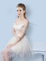 Off The Shoulder Short Sleeves Quinceanera Court of Honor Dress Asymmetrical Sequins and Bowknot Champagne Tulle(SKU BMT0209DBIZ)