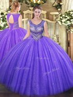 Low Price Floor Length Lavender 15th Birthday Dress Tulle Sleeveless Beading