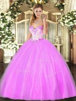 Glittering Lilac Ball Gowns Tulle Sweetheart Sleeveless Beading Floor Length Lace Up Quinceanera Dress