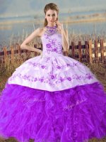 Custom Design Purple Ball Gowns Embroidery and Ruffles 15 Quinceanera Dress Lace Up Organza Sleeveless Floor Length