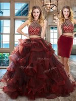 Burgundy Quinceanera Dresses Military Ball and Sweet 16 and Quinceanera with Beading and Ruffles Halter Top Sleeveless Brush Train Backless(SKU SXQD028DT002BIZ)