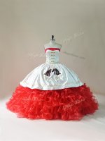 Pretty White And Red Satin and Organza Lace Up Vestidos de Quinceanera Sleeveless Floor Length Brush Train Embroidery and Ruffles