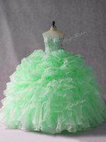 Glittering Sleeveless Beading and Ruffles Lace Up Quinceanera Dresses with Apple Green Brush Train