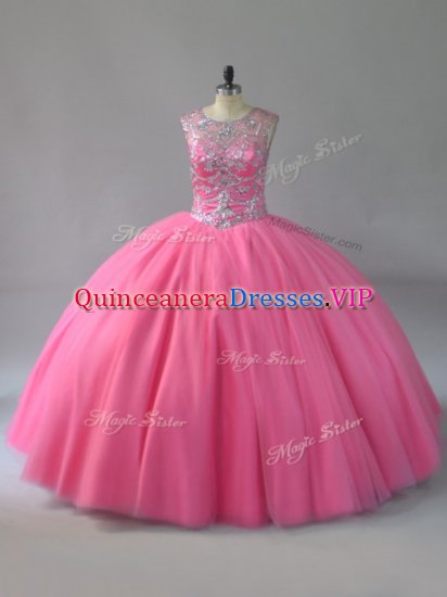 Unique Pink Lace Up Scoop Beading 15th Birthday Dress Sleeveless - Click Image to Close