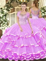 Lilac Clasp Handle Quinceanera Dresses Beading and Ruffled Layers Sleeveless Floor Length