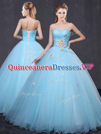 Sleeveless Tulle Floor Length Lace Up Vestidos de Quinceanera in Light Blue with Beading and Appliques