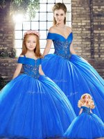 Organza Off The Shoulder Sleeveless Brush Train Lace Up Beading Quinceanera Gowns in Royal Blue