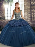 Pretty Straps Sleeveless Quinceanera Dresses Floor Length Beading and Appliques Navy Blue Tulle