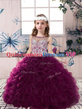 Perfect Scoop Sleeveless Little Girls Pageant Dress Floor Length Beading and Ruffles Dark Purple Organza