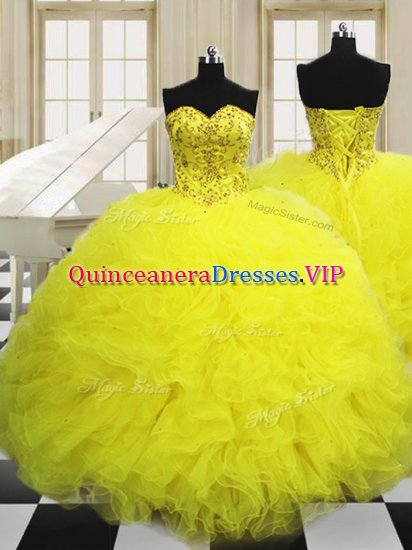 Glamorous Light Yellow Quinceanera Gown Military Ball and Sweet 16 and Quinceanera with Beading and Ruffles Sweetheart Sleeveless Lace Up - Click Image to Close