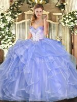 Unique Lavender Ball Gowns Sweetheart Sleeveless Organza Floor Length Lace Up Beading and Ruffles Quince Ball Gowns(SKU SJQDDT1349002-2BIZ)
