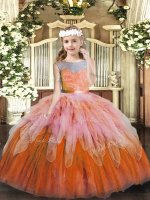 Scoop Sleeveless Tulle Girls Pageant Dresses Lace and Ruffles Lace Up