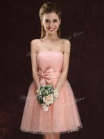 Elegant Peach Sleeveless Mini Length Lace and Bowknot Lace Up Quinceanera Dama Dress