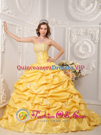 Rockville Maryland/MD Strapless Court Train Taffeta Appliques and Beading Brand New Yellow Quinceanera Dress Ball Gown - Click Image to Close