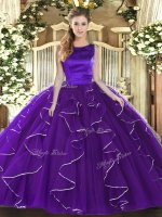 High Quality Sleeveless Tulle Floor Length Lace Up Quinceanera Dress in Purple with Ruffles