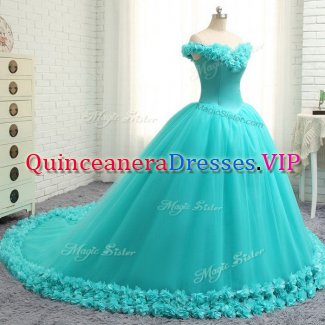 Off The Shoulder Cap Sleeves Tulle Quinceanera Gown Hand Made Flower Court Train Lace Up