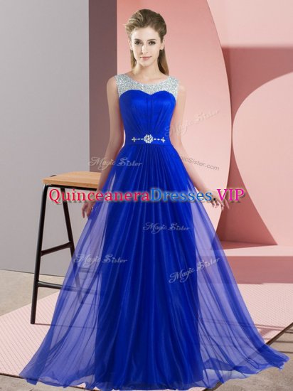 Empire Vestidos de Damas Royal Blue Scoop Chiffon Sleeveless Floor Length Lace Up - Click Image to Close