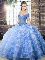 Blue Sleeveless Brush Train Beading and Ruffled Layers Quince Ball Gowns