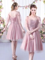 Appliques and Belt Court Dresses for Sweet 16 Pink Lace Up Sleeveless Knee Length