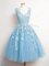 Dramatic Sleeveless Tulle Knee Length Lace Up Court Dresses for Sweet 16 in Baby Blue with Lace